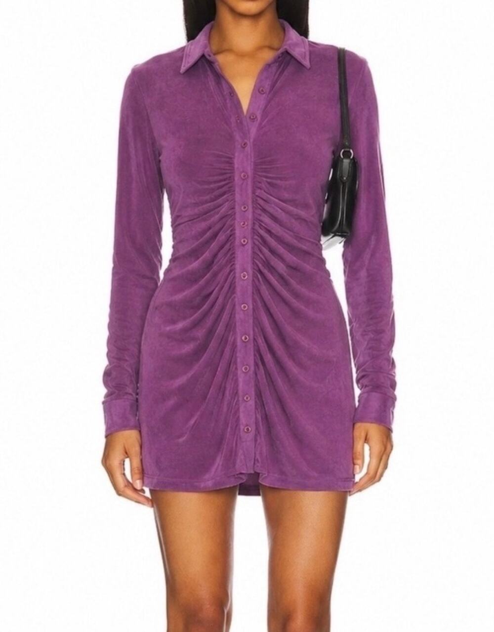 With Jean Andy Purple Cinch Front Button Down Sparkle Long Sleeve Mini Dress L